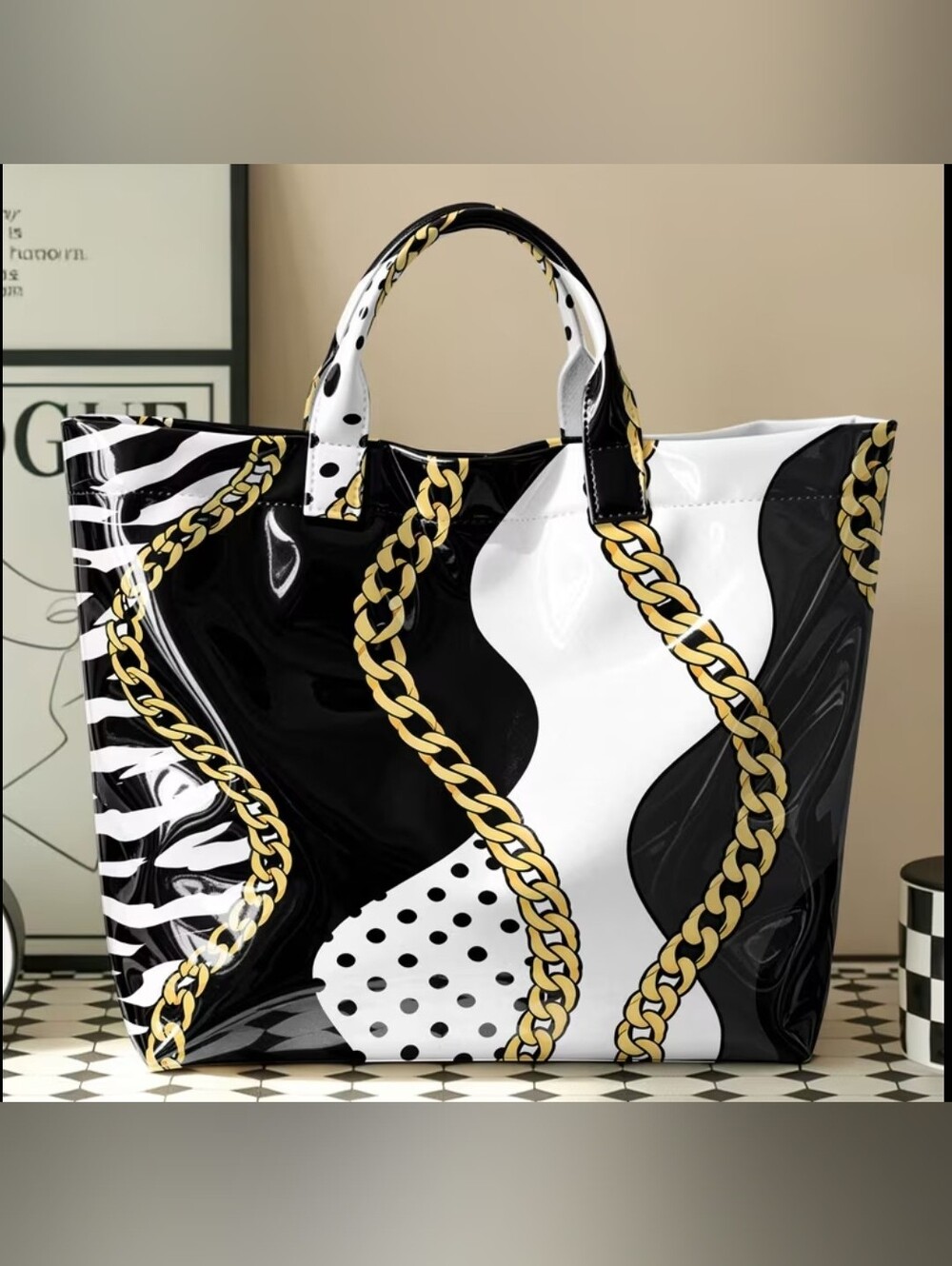 Women Animal Chain Print Glossy Hand Tote Bag Large Daily Commuter Tote